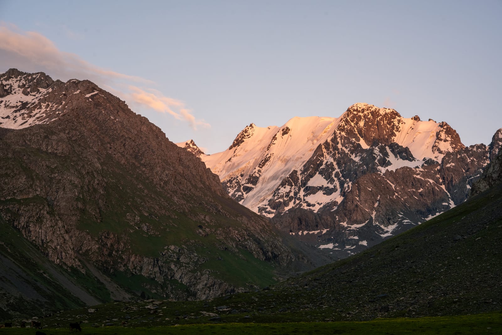 Pink alpenglow on snowy peaks above a dark valley