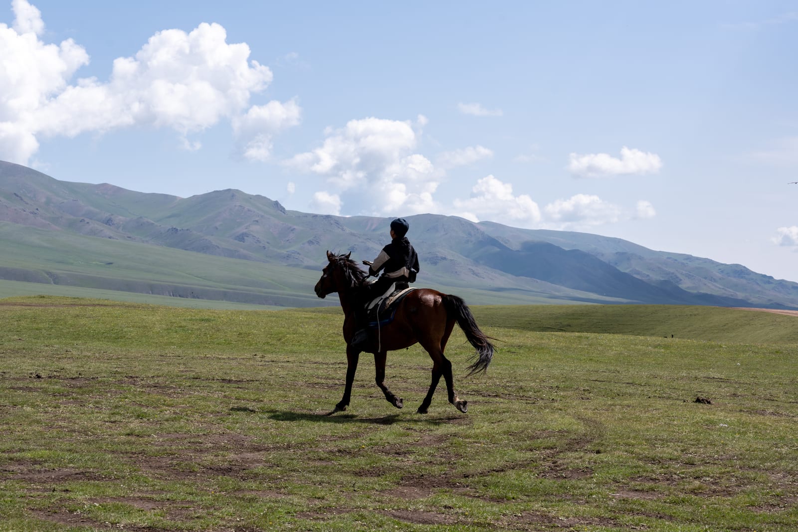 Horseman riding across open steppe with hills behind
