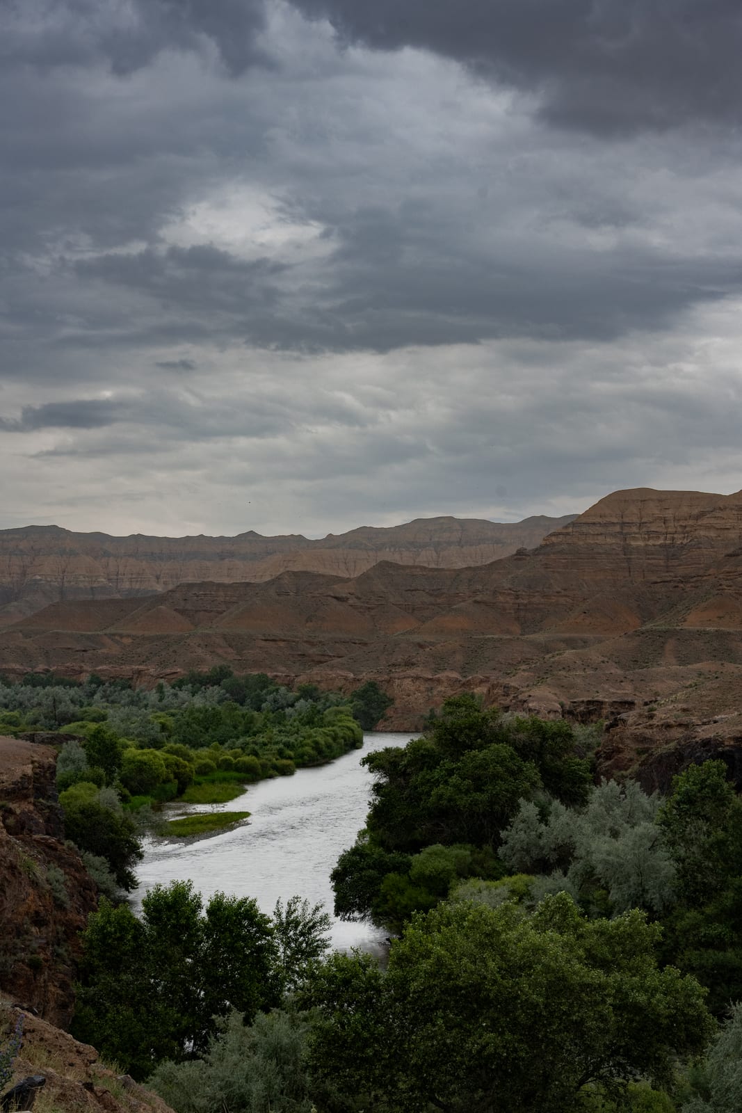 River winding through green trees below red canyon walls under a heavy storm sky