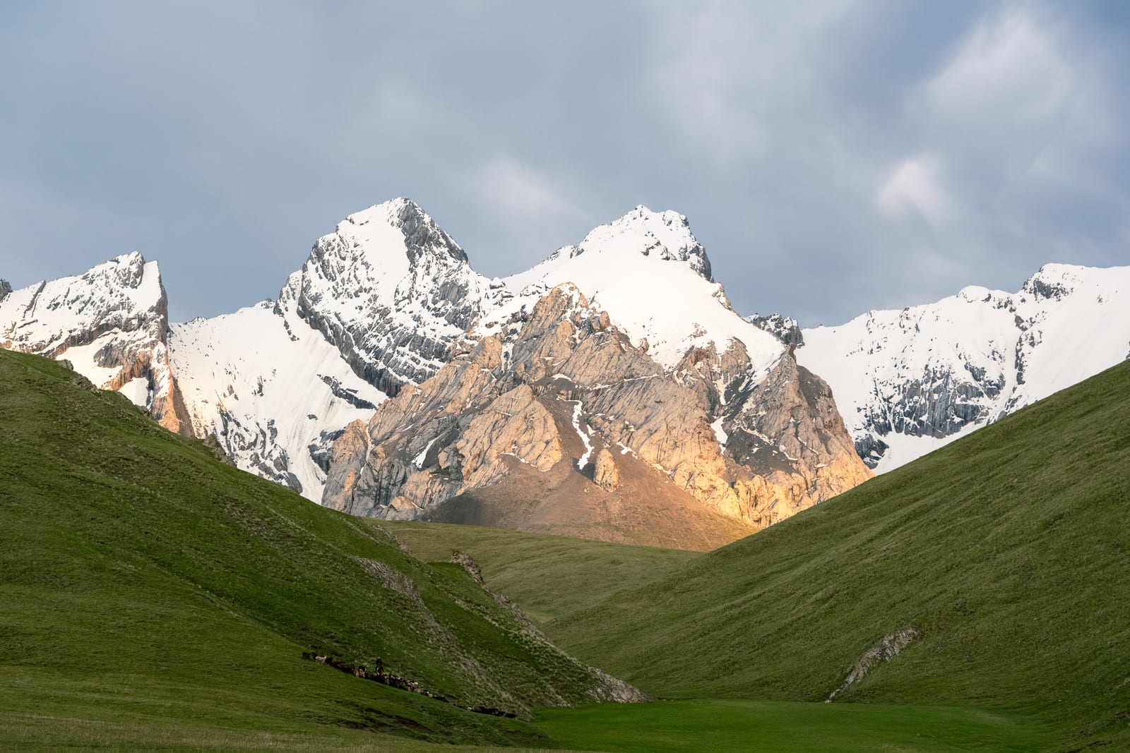 Snowy peaks with a patch of golden light on the rock face, framed by a green V-shaped valley
