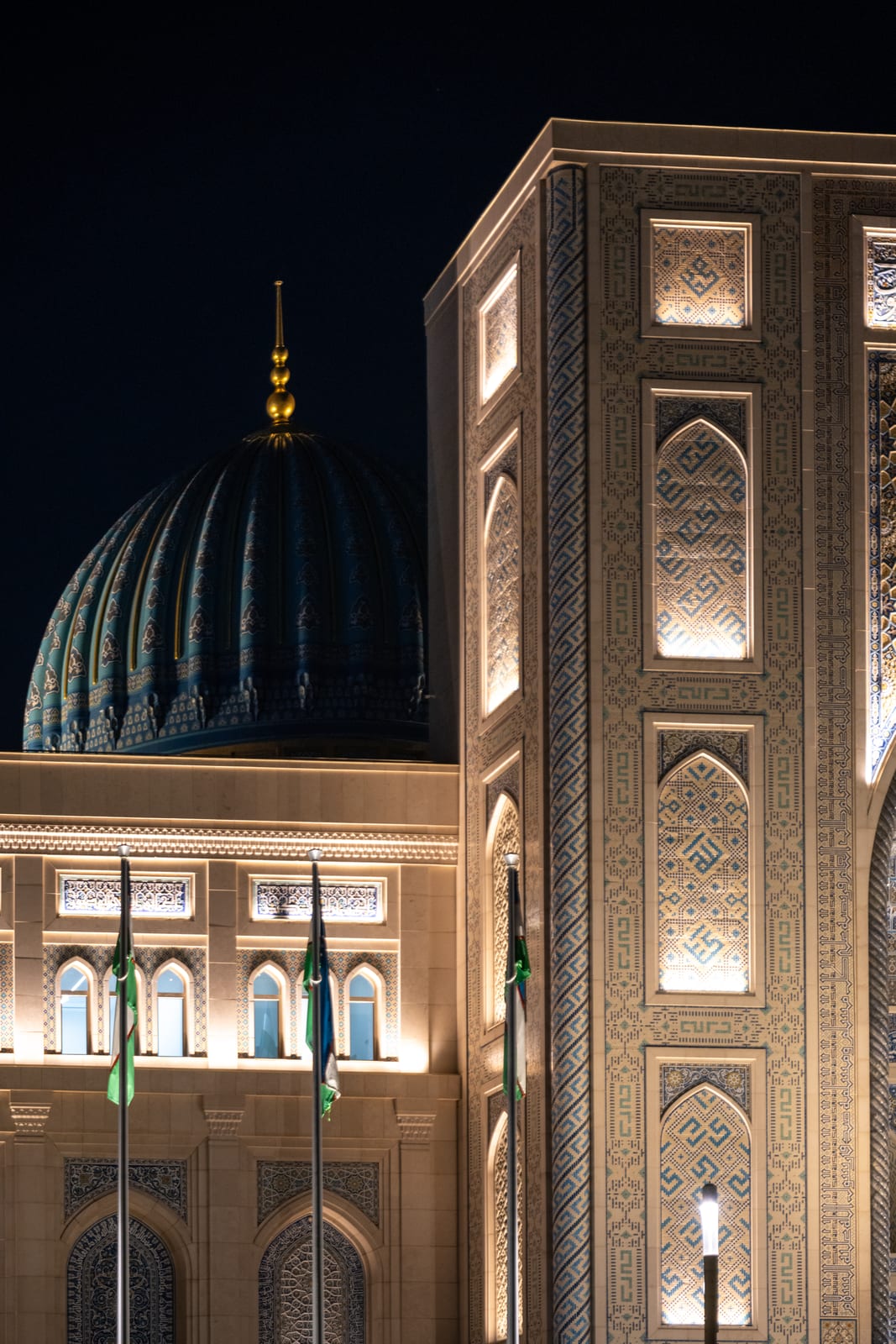 Floodlit mosque portal and ribbed dome against a black night sky