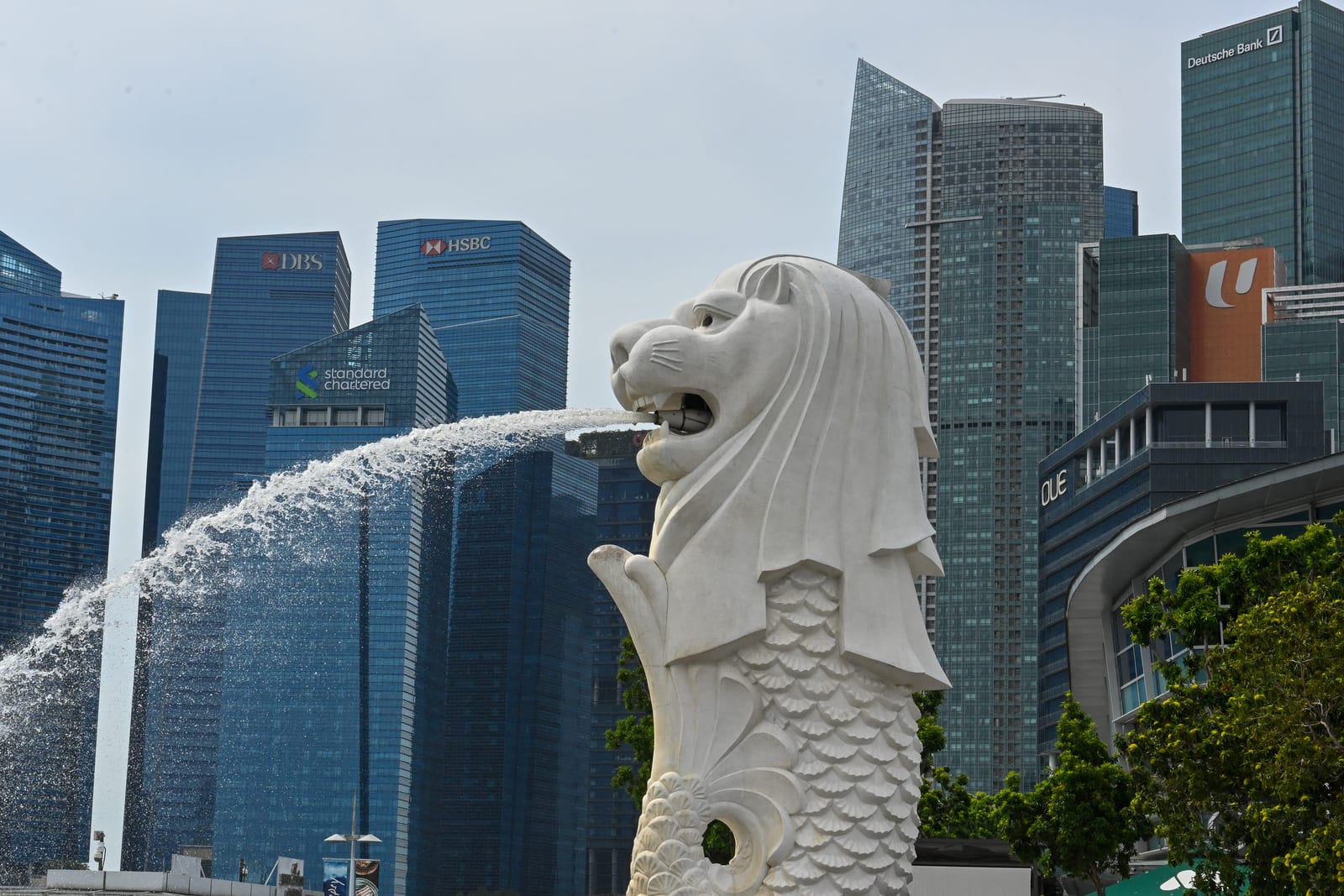 Merlion fountain spouting water with the financial district towers behind