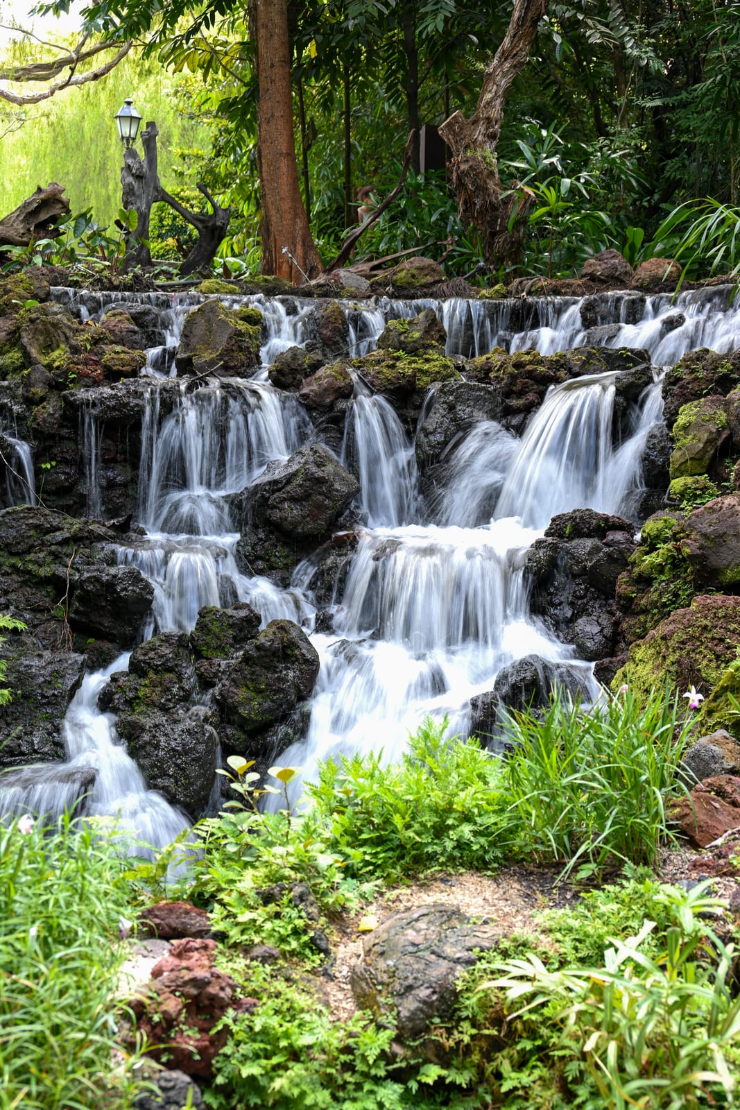 Tiered garden waterfall with silky water over dark rocks
