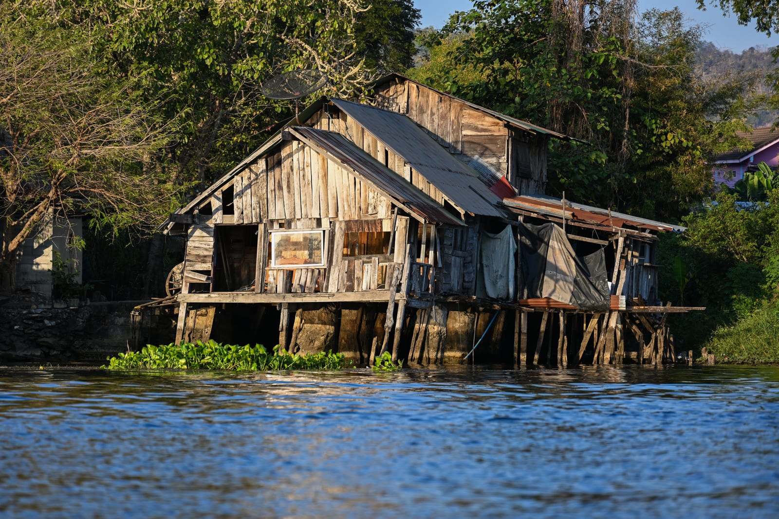 Weathered wooden stilt house on a blue river with forested bank